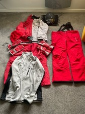 ski clothing with helmet jacket salopettes gloves hat in grey /red with fleece