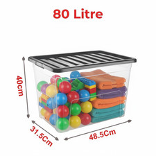 80L Clear Plastic Storage Boxes Black & Clear Lids Stackable Home Kitchen Office