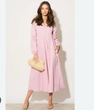 Brand New Monsoon Pink Striped Shirting Balloon Sleeves Pocket Dress Size 10-20