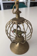 Vintage Small Brass Bird Cage, with Swinging Bird On Perch. Ornament. 