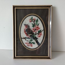 Vintage Framed Handmade Bird & Blossoms Embroidery Needlepoint Artwork
