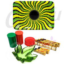Rolling Tray Ashtray Set Green Wavy Hypnotic Leaf Pop Top King Size Papers Tips