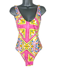 Multicolour Swim Costume Women's UK Size 8 Low Back High Leg Swimming Summer