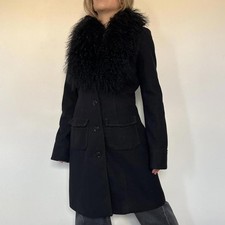 Vintage Miss Sixty black wool afghan trench coat + real mongolian wool collar