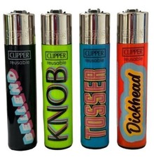 4 X NAUGHTY WORDS CLIPPER LIGHTERS - Full Set Refillable Gas Lighter RARE DESIGN