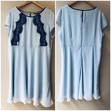  Ladies pale blue Chiffon Dress with navy lace trim  Size 22