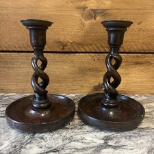 Antique Pair Of Oak Barley Twist Candle Stick Holders - Vintage Wooden Handmade