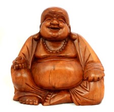Large 30cm Wooden Happy Buddha Statue Hand Carved Laughing Fat Chinese CLEARANCE
