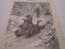sledge toboggan  snow  alps full  page cutting from Victorian magazine 18/24CM