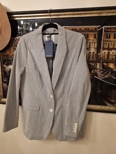 Joules Women's Navy Blue and White Stripe Blazer Jacket Size 16 UK, Lined, Smart