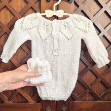 0-3 month Handknit white Baby Romper & Bootie set, Handmade Babyshower gift set.