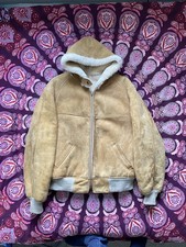 Sheepskin Lined Suede Leather Hooded Bomber Jacket Size 48 Men’s Size S-M 