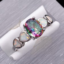 7x9 Oval Rainbow Mystic Topaz White Fire Opal Silver Jewelry Ring Size 7 8 9