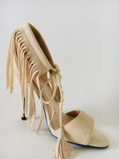 BEBO Light Beige Faux Suede Ankle Tie Open Toe Stiletto Heel Sandal Shoes UK 4