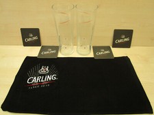 Carling lager 2x pint glasses with bar towel and beer mats Pub Bar Xmas
