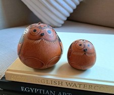 Vintage Folk Art Owls, Hand Carved Gourds, Pyrography, Signed, 1970s Boho Pair