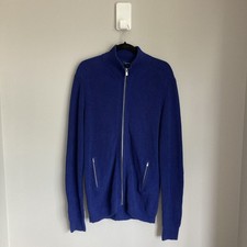 Faconnable Knit Cardigan Jumper Linen Blend Mens Large Blue Full Zip