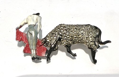 Vintage marcasite bull enamel - marcasite,