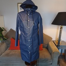 WOMENS ILSE JACOBSEN HORNBAEK NAVY BLUE RAINCOAT HOODED SIZE XS UK 6-8 VGC