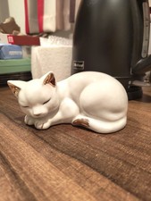 JR International Porcelain White Gold Sleeping Cat Ornament Vintage 1960s