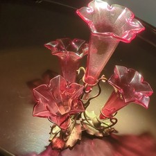 Antique cranberry Epergne  6", silver plate 