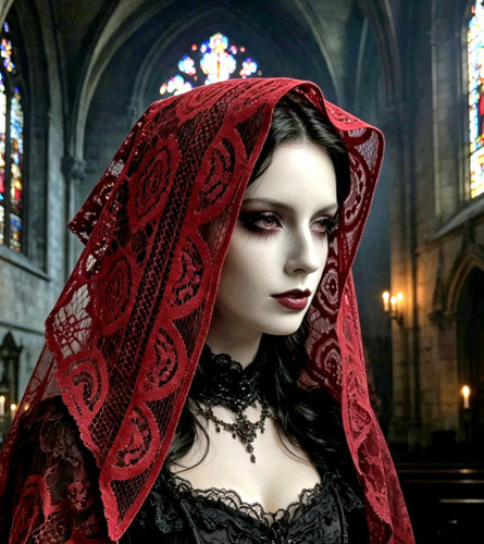Deep red lace veil triangle - veil,