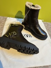New Zara girl boots dark brown fur lined ankle boots lace zip up uk 2 eu 34 £36