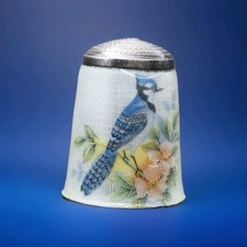 Antique Sterling Silver Guilloche Enamel Thimble Bird by James Swann & Son