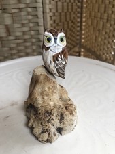 Hand Carved Wood Owl Sculpture Hand Painted 9.5cm Tall Vintage Figurine Decor