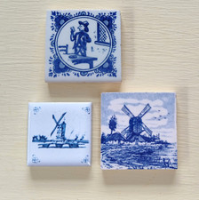 Tiles Blue and White Three Small Delft Style Vintage and Aged
