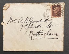 GB QV 1875? SG43/44 1d Penny Red Plate 215 Cover to Nottingham Huddersfield 387