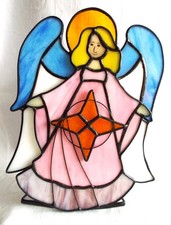 ‘NEW’ Large Stain Glass Style Angel Tealight Holder (Pink) 