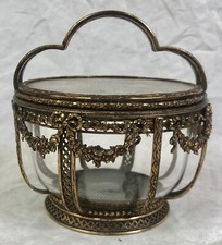 ANTIQUE FRENCH GILT METAL JEWELLERY TRINKET BOX, Circular Dressing Table Casket