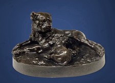 Bronze Sculpture Of Bull Mastiff Feeding Puppies After W Wolfe Cold Cast? LARGE