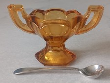 Rare Vintage Art Deco Amber Glass Trophy Salt Dish & Spoon