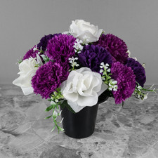 Artificial Grave Pot Flowers Ivory (White) Open Roses & Purple/Mauve Carnations