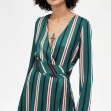 Zara Green Striped Wrap Front Tie Waist Playsuit Size L