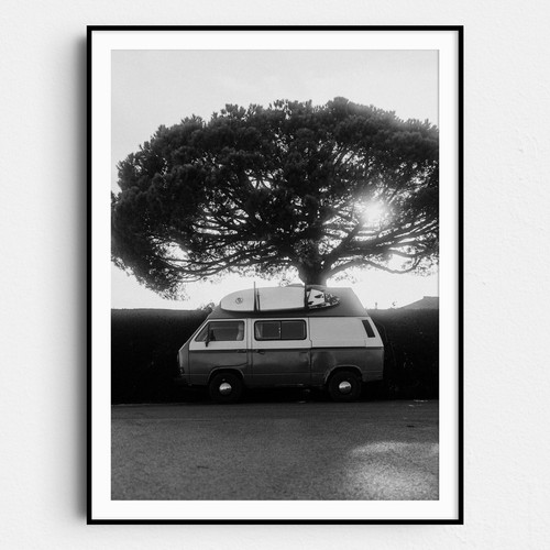 Old van with surfboard - old,