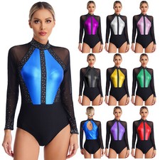 UK Womens Ballet Sparkling Leotard Rhinestones Gymnastics Color Block Bodysuit