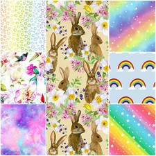 Easter Bunny Rabbit Spring Woodland Floral 100% Cotton Fabric - Rainbow Space