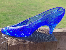 Vintage Bohemia Crystal Glass Blue Victorian Shoe Slipper