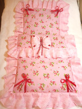 DOLLS PRAM SET SILVER CROSS COACH BUILT COTTON  STRAWBERRIES / RIBBON /DIAMANTE