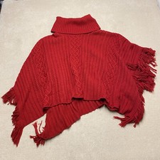Monsoon Knitted Poncho M/L Women's Red Jumper Cape Chunky Heavy Lambswool Blend