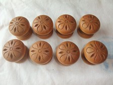 8 x Vintage Carved Pine Drawer Door Knobs. Wooden Knob Handles