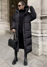 Zara Black Long Padded Puffer Coat Wind Water Resistant M Medium 10 12  Blogger