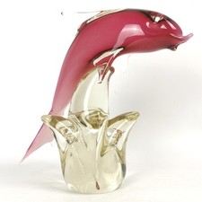 Murano Style Pink Art Glass Dolphin On Wave Figurine 10.5" Vintage Retro Cased
