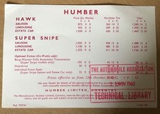 Humber Hawk & Super Snipe Price List October 1960