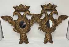 VINTAGE HAND CARVED GILT WOOD DOUBLE HEADED EAGLE WALL MIRRORS SET OF 2 SPAIN
