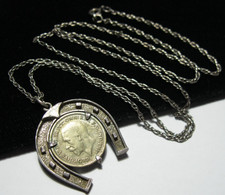 Sterling silver Trench Art? WW2 Lucky coin horse shoe pendant necklace