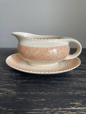 VINTAGE BURLEIGH WARE BALMORAL GRAVY SAUCE BOAT & PLATE PEACH With GOLD DETAIL